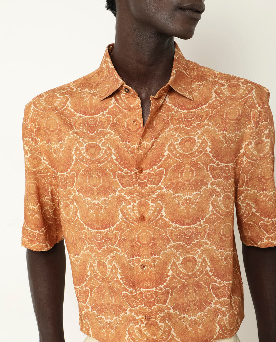 Rare Rabbit Men's Picano Mustard Viscose Floral Print Boxy Fit Half Sleeve Collared Shirt