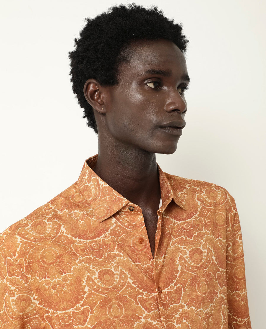Rare Rabbit Men's Picano Mustard Viscose Floral Print Boxy Fit Half Sleeve Collared Shirt