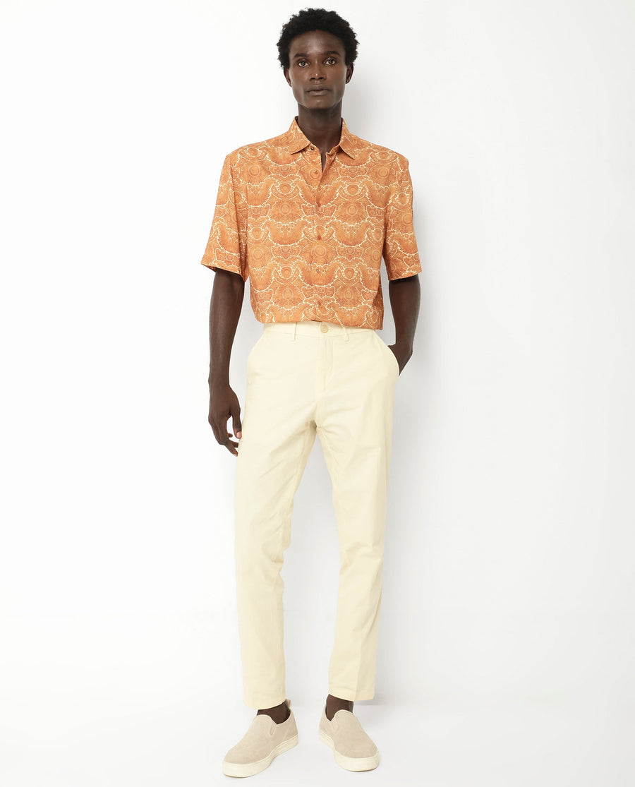 Rare Rabbit Men's Picano Mustard Viscose Floral Print Boxy Fit Half Sleeve Collared Shirt