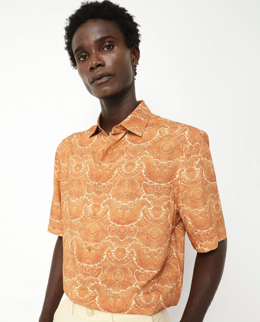 Rare Rabbit Men's Picano Mustard Viscose Floral Print Boxy Fit Half Sleeve Collared Shirt