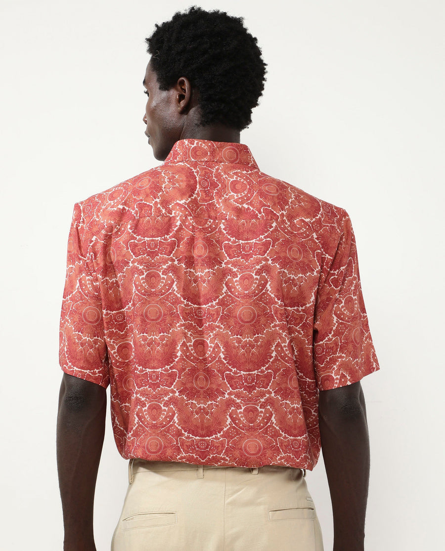 Rare Rabbit Men's Picano Rust Viscose Floral Print Boxy Fit Half Sleeve Spread Collar Shirt
