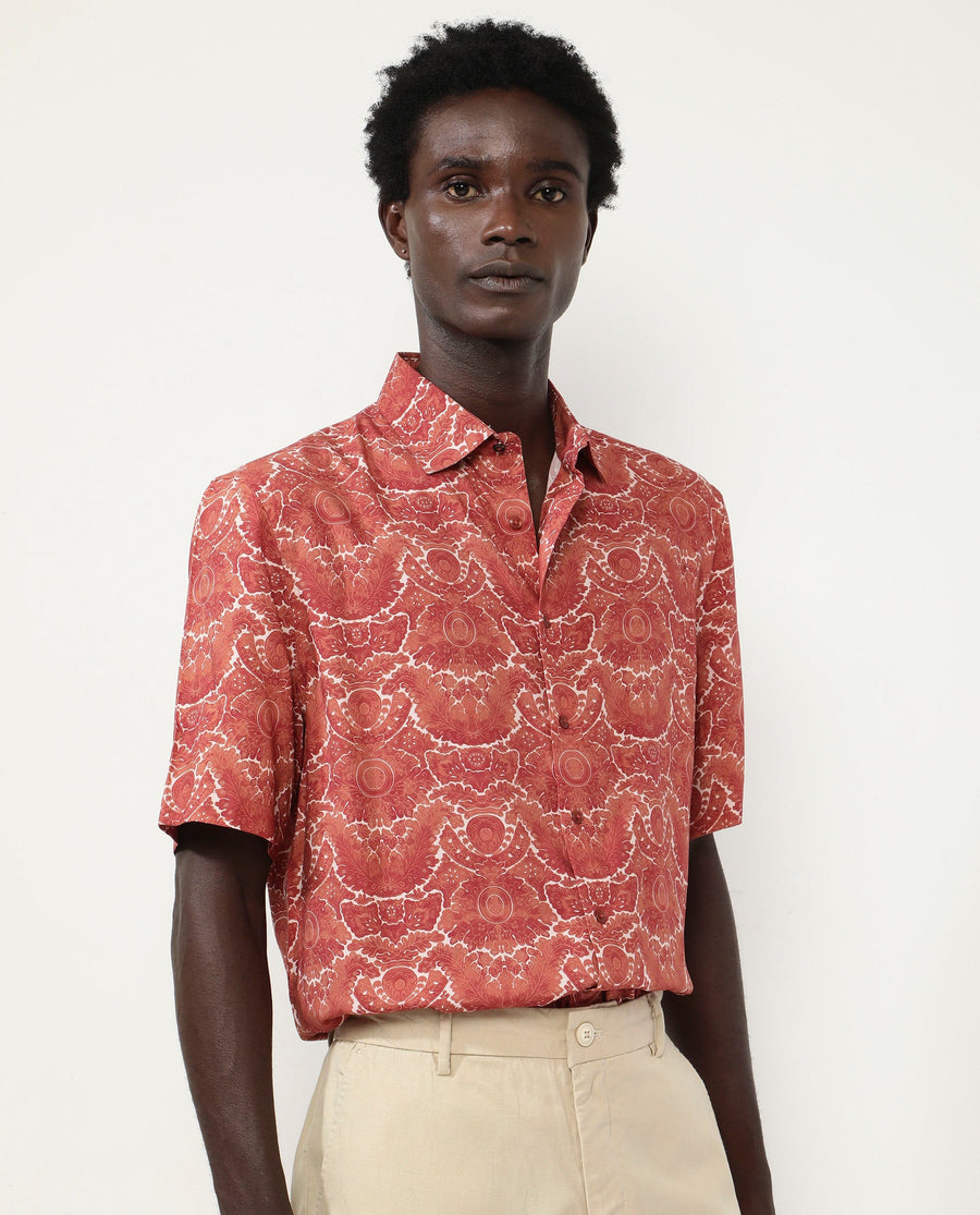 Rare Rabbit Men's Picano Rust Viscose Floral Print Boxy Fit Half Sleeve Spread Collar Shirt