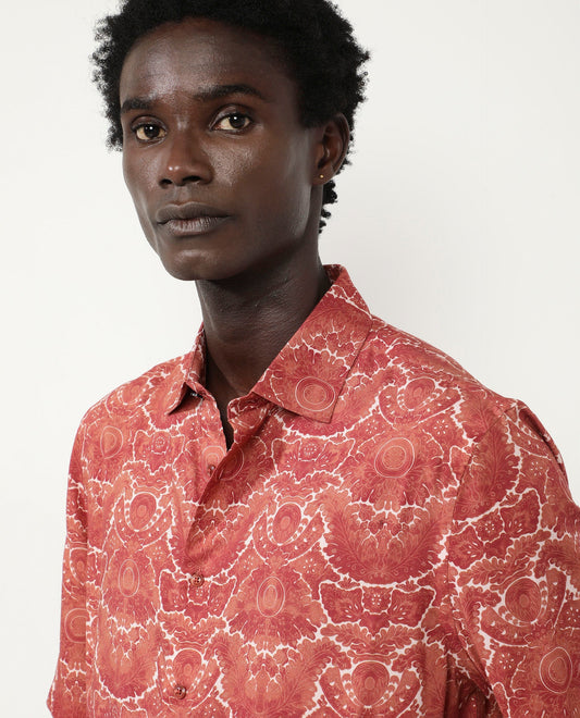 Rare Rabbit Men's Picano Rust Viscose Floral Print Boxy Fit Half Sleeve Spread Collar Shirt