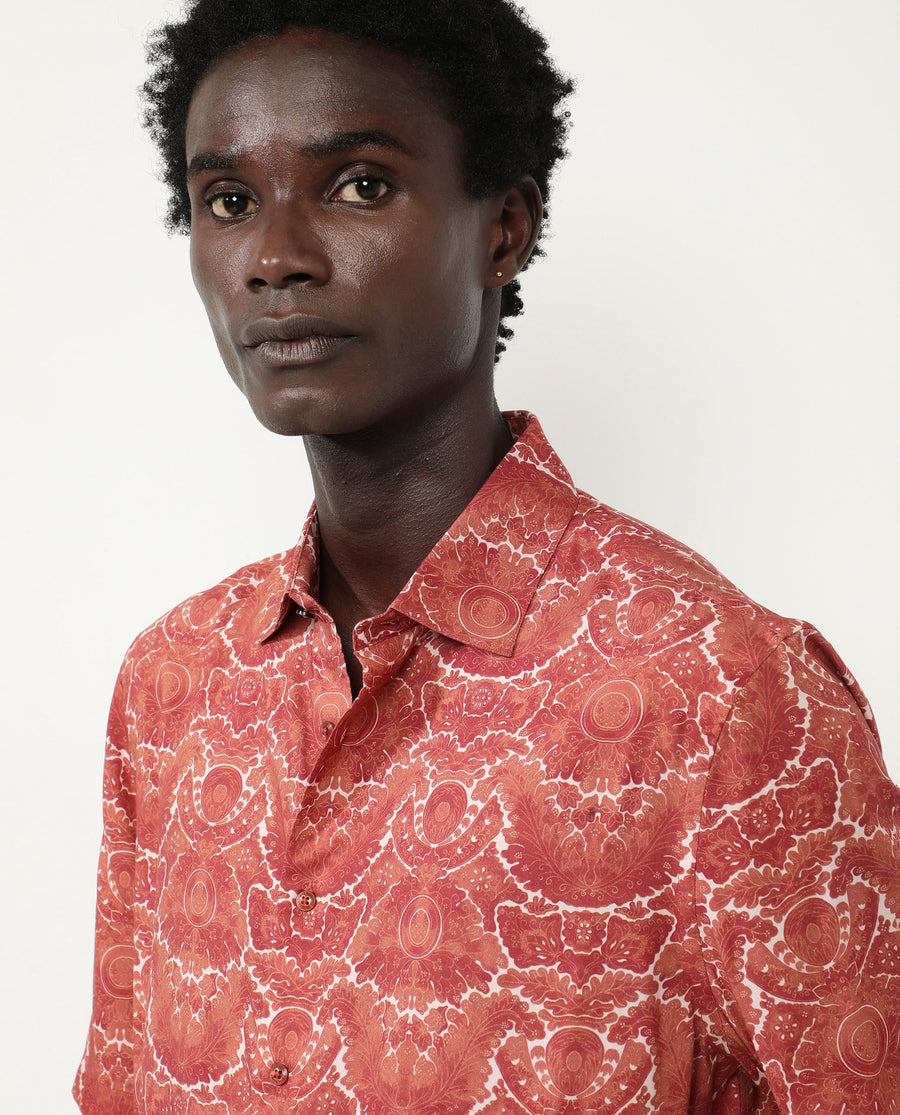 Rare Rabbit Men's Picano Rust Viscose Floral Print Boxy Fit Half Sleeve Spread Collar Shirt