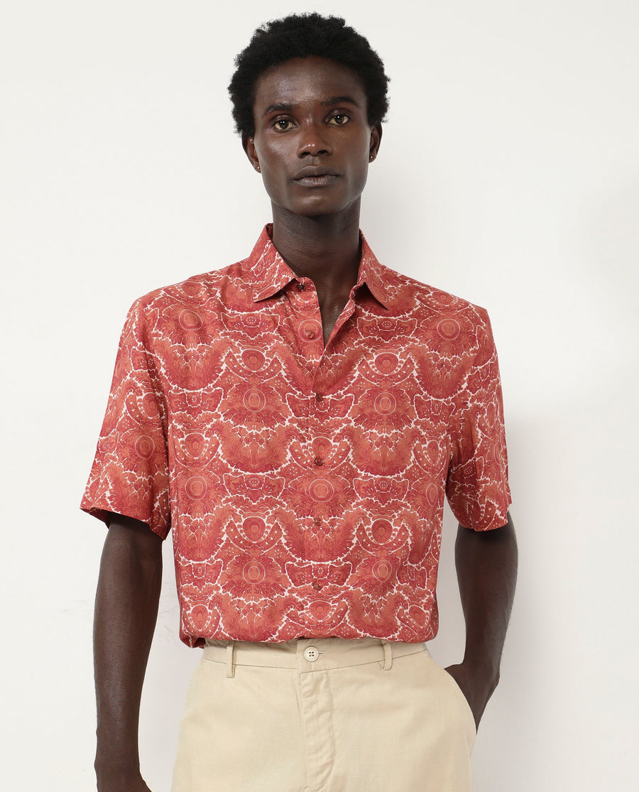 Rare Rabbit Men's Picano Rust Viscose Floral Print Boxy Fit Half Sleeve Spread Collar Shirt