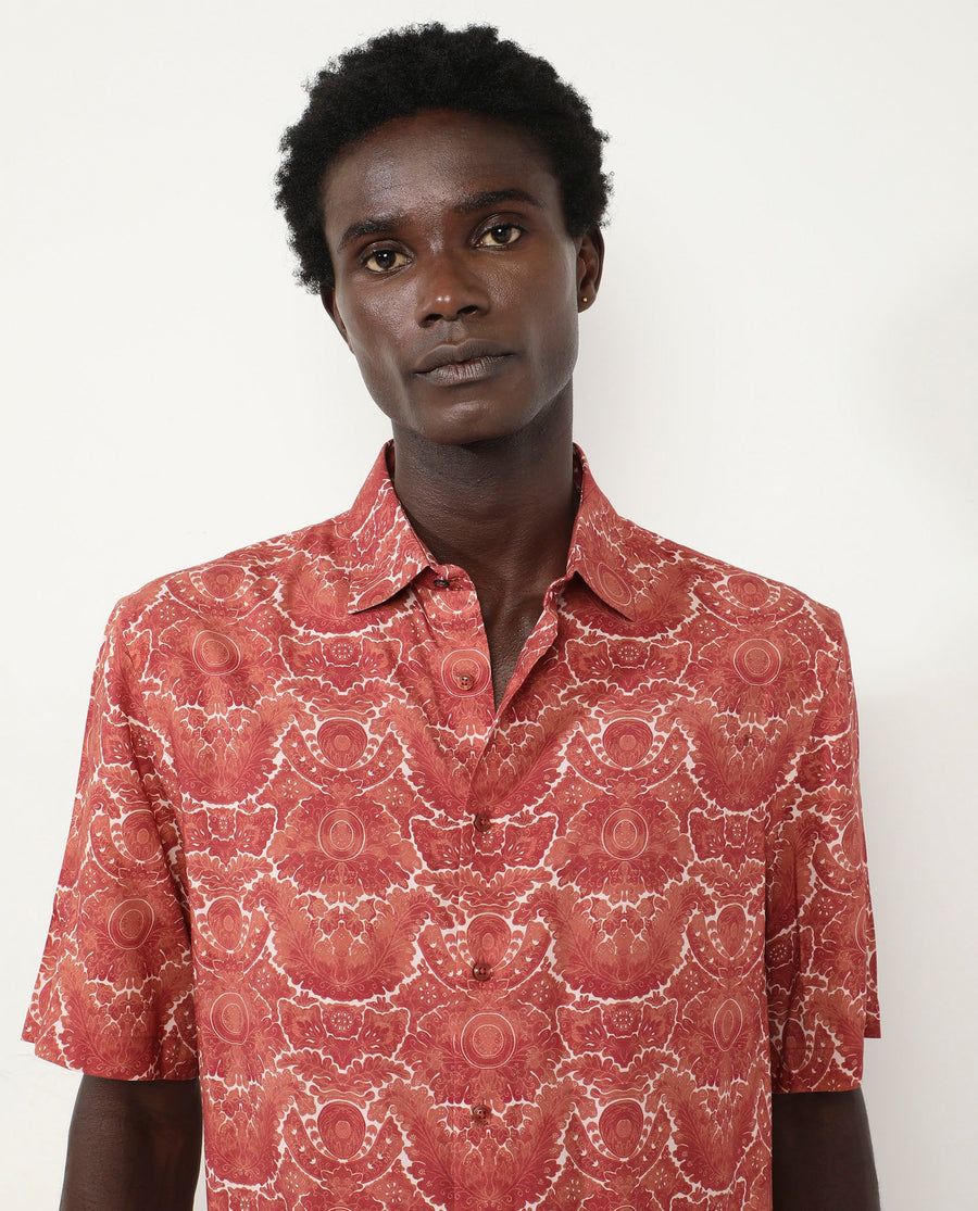 Rare Rabbit Men's Picano Rust Viscose Floral Print Boxy Fit Half Sleeve Spread Collar Shirt