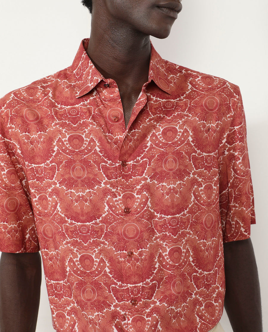 Rare Rabbit Men's Picano Rust Viscose Floral Print Boxy Fit Half Sleeve Spread Collar Shirt