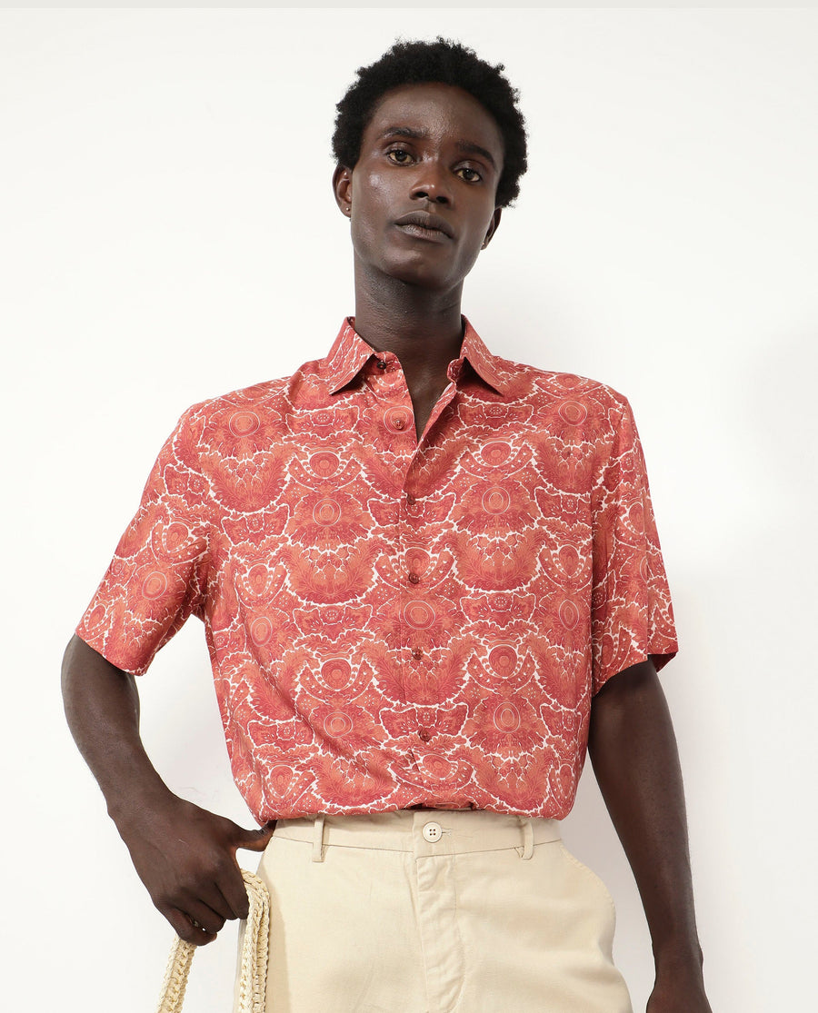 Rare Rabbit Men's Picano Rust Viscose Floral Print Boxy Fit Half Sleeve Spread Collar Shirt