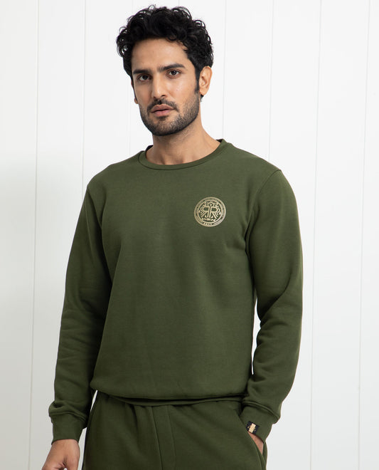 Rare Rabbit Men's Pine Olive Cotton Graphic Print Regular Fit Full Sleeve Crew Neck Sweatshirt