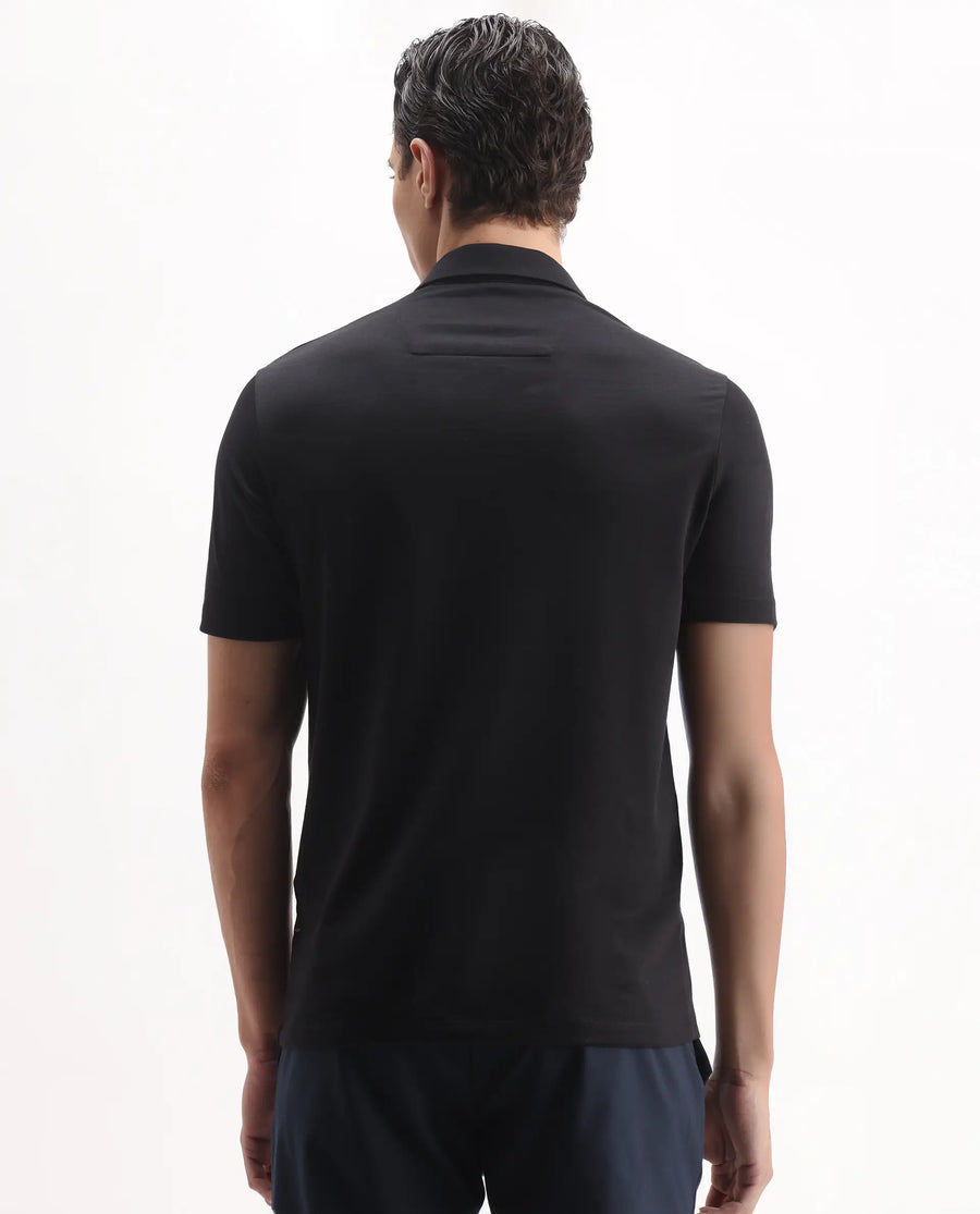 Rare Rabbit Men's Plad Black Cotton Blend Plain Regular Fit Half Sleeve Polo