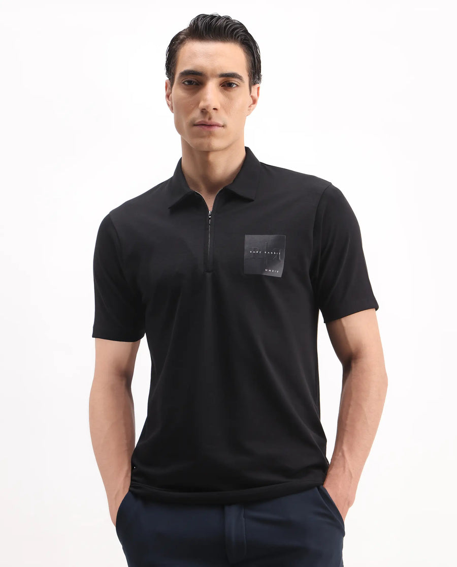 Rare Rabbit Men's Plad Black Cotton Blend Plain Regular Fit Half Sleeve Polo