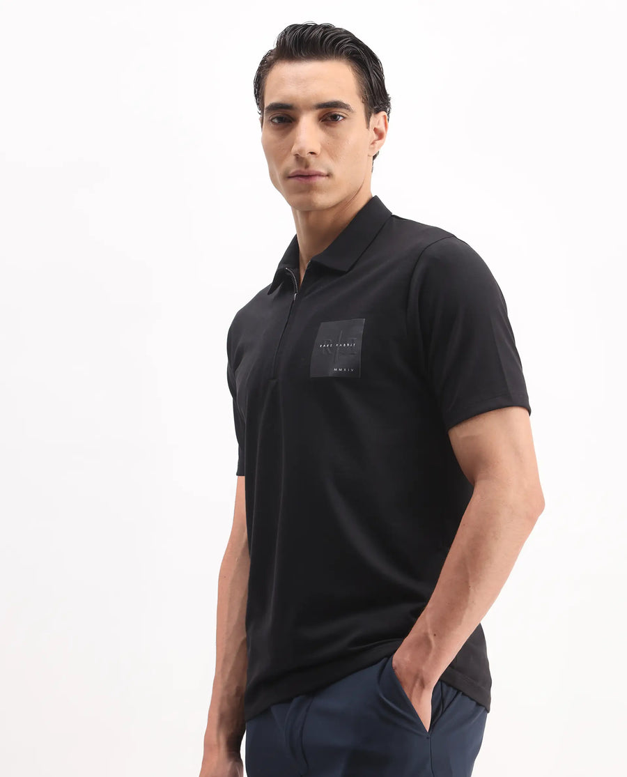 Rare Rabbit Men's Plad Black Cotton Blend Plain Regular Fit Half Sleeve Polo