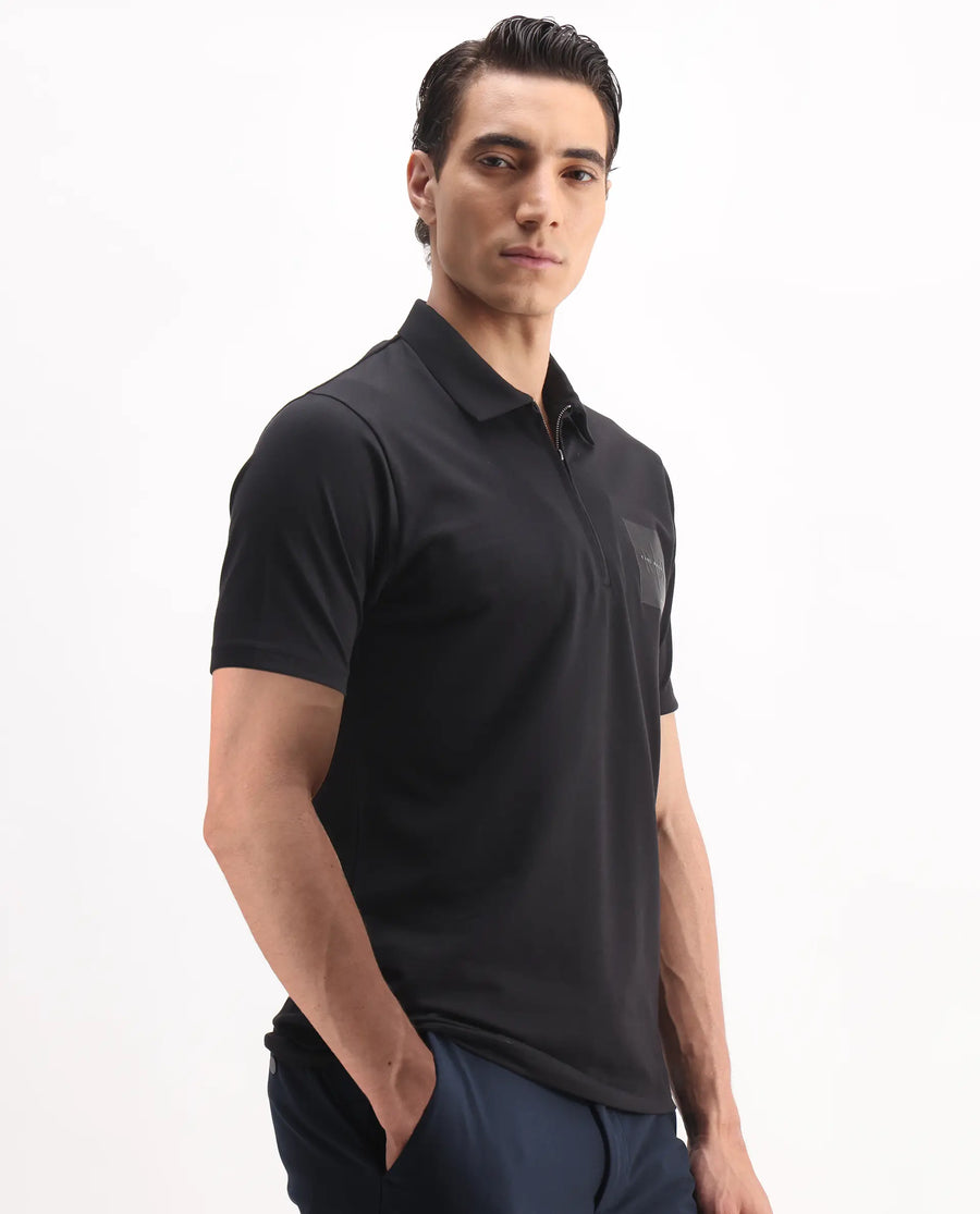Rare Rabbit Men's Plad Black Cotton Blend Plain Regular Fit Half Sleeve Polo
