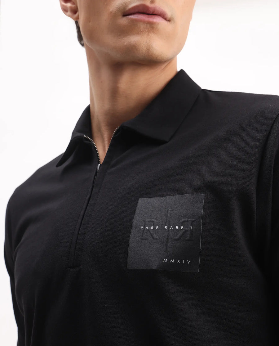 Rare Rabbit Men's Plad Black Cotton Blend Plain Regular Fit Half Sleeve Polo