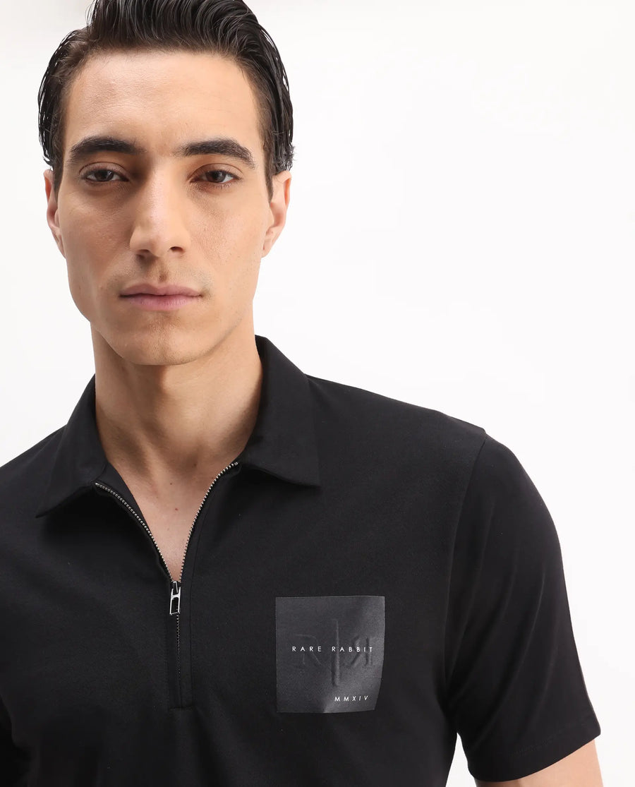 Rare Rabbit Men's Plad Black Cotton Blend Plain Regular Fit Half Sleeve Polo