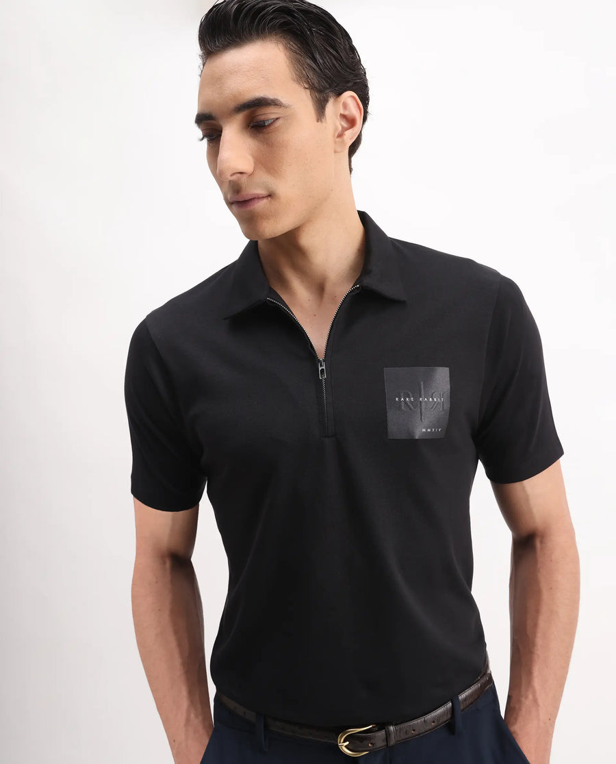 Rare Rabbit Men's Plad Black Cotton Blend Plain Regular Fit Half Sleeve Polo