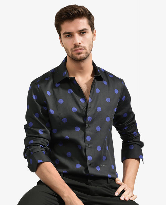 Rare Rabbit Men's Polko Black Modal Polka Print Regular Fit Full Sleeve Collared Shirt