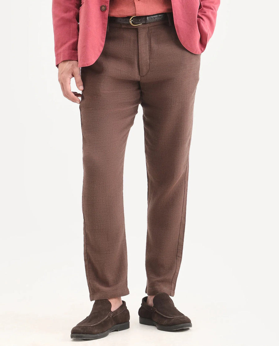 Rare Rabbit Men's Post Brown Cotton Blend Fabric Regular Fit Plain Trouser