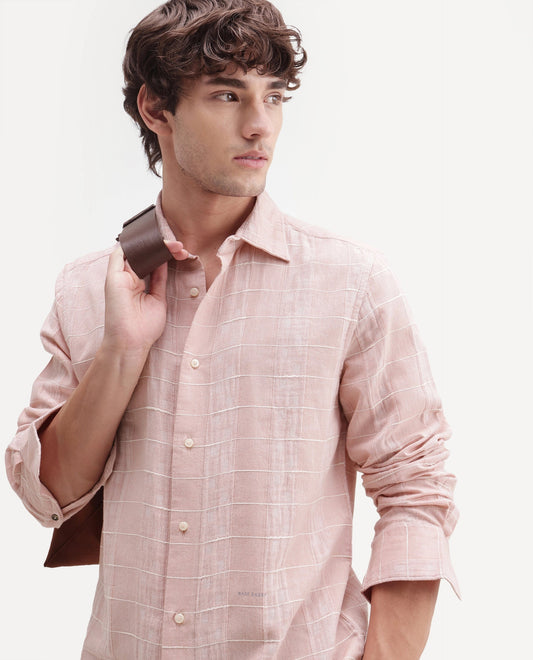 Rare Rabbit Men's Prads Light Pink Cotton Blend Fabric Full Sleeve Regular Fit Checked Shirt