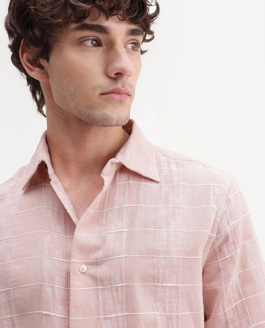 Rare Rabbit Men's Prads Light Pink Cotton Blend Fabric Full Sleeve Regular Fit Checked Shirt