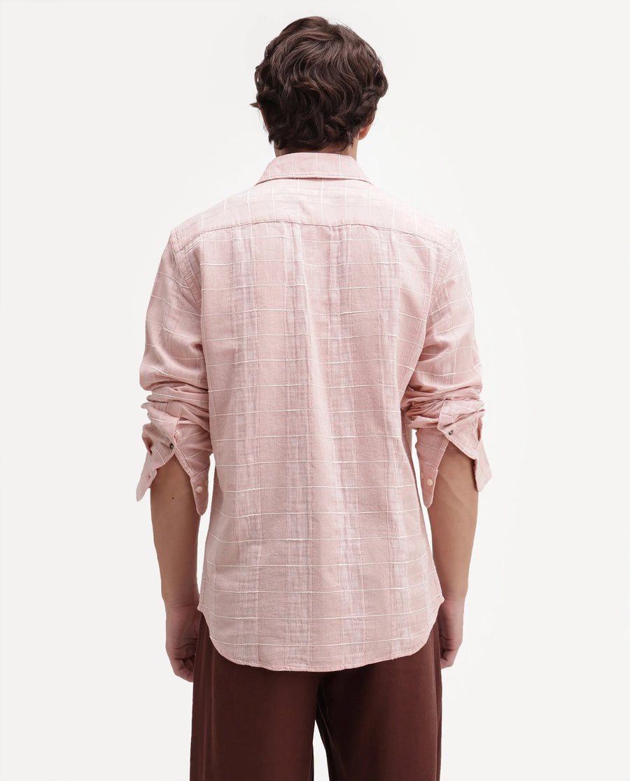 Rare Rabbit Men's Prads Light Pink Cotton Blend Fabric Full Sleeve Regular Fit Checked Shirt