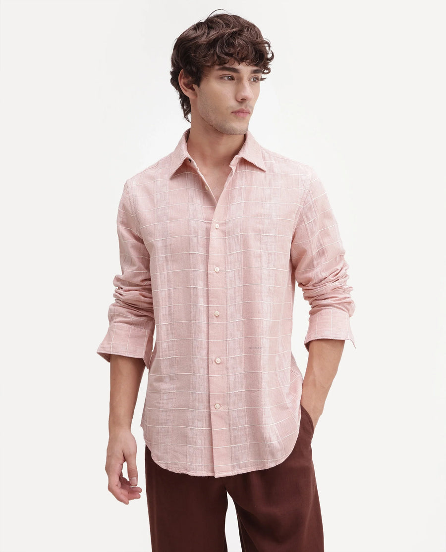 Rare Rabbit Men's Prads Light Pink Cotton Blend Fabric Full Sleeve Regular Fit Checked Shirt