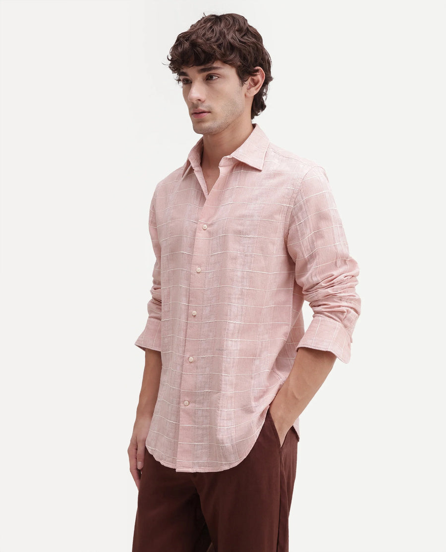 Rare Rabbit Men's Prads Light Pink Cotton Blend Fabric Full Sleeve Regular Fit Checked Shirt