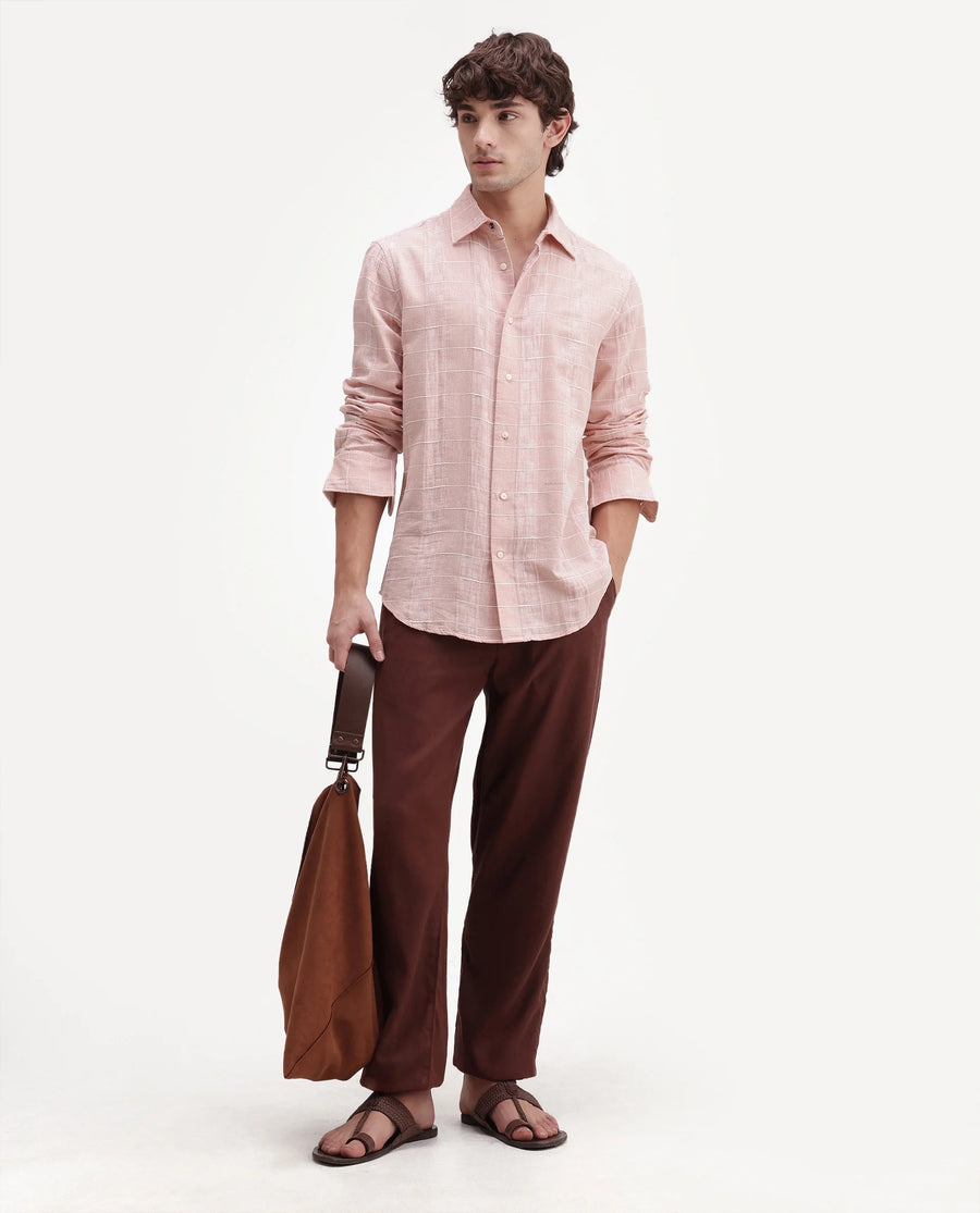 Rare Rabbit Men's Prads Light Pink Cotton Blend Fabric Full Sleeve Regular Fit Checked Shirt