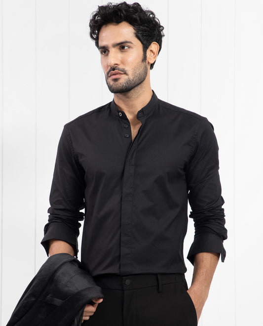 Rare Rabbit Men's Pristina Black Cotton Plain Regular Fit Full Sleeve Mandarin Collar Shirt