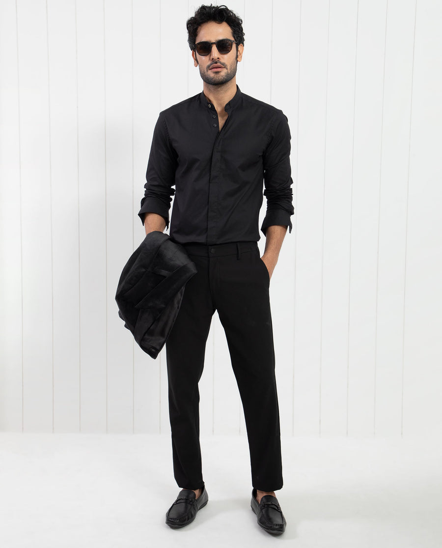 Rare Rabbit Men's Pristina Black Cotton Plain Regular Fit Full Sleeve Mandarin Collar Shirt