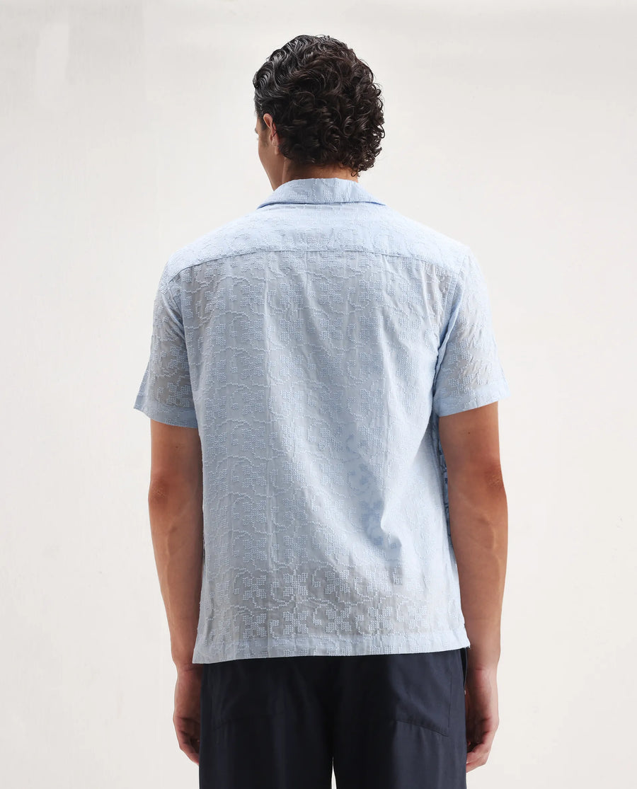 Rare Rabbit Men's Propel Pastel Blue Cotton Embroidered Boxy Fit Half Sleeve Cuban Collar Shirt