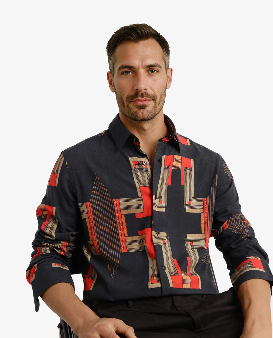 Rare Rabbit Men's Propi Black Cotton Geometric Print Regular Fit Full Sleeve Collared Shirt