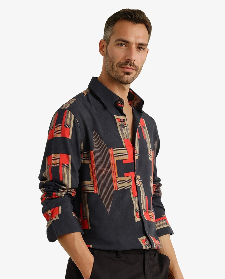 Rare Rabbit Men's Propi Black Cotton Geometric Print Regular Fit Full Sleeve Collared Shirt