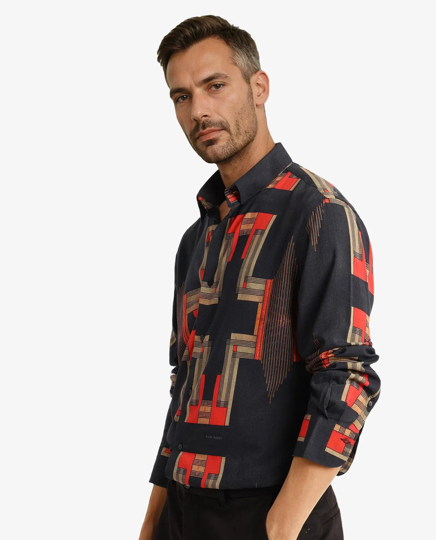 Rare Rabbit Men's Propi Black Cotton Geometric Print Regular Fit Full Sleeve Collared Shirt
