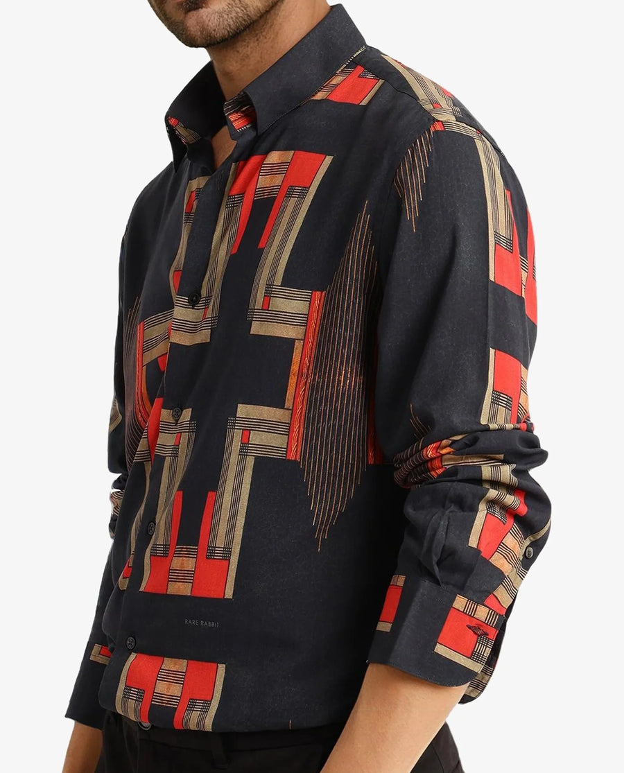 Rare Rabbit Men's Propi Black Cotton Geometric Print Regular Fit Full Sleeve Collared Shirt