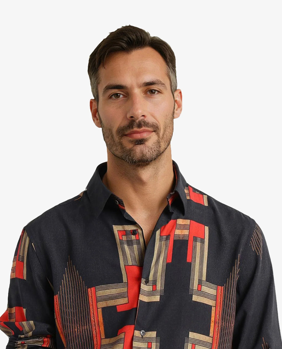 Rare Rabbit Men's Propi Black Cotton Geometric Print Regular Fit Full Sleeve Collared Shirt