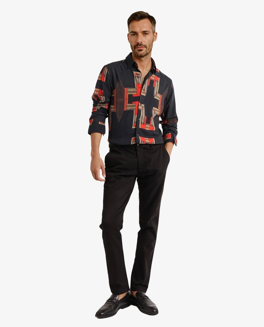 Rare Rabbit Men's Propi Black Cotton Geometric Print Regular Fit Full Sleeve Collared Shirt
