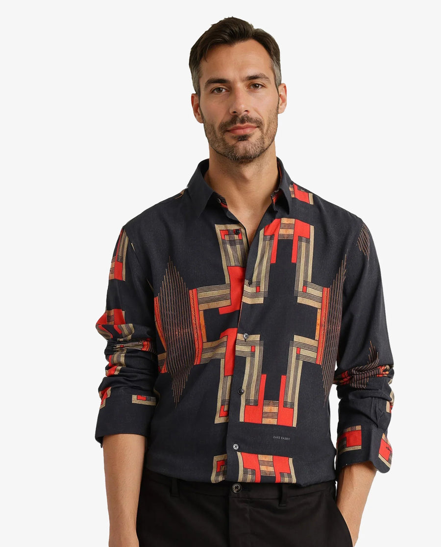 Rare Rabbit Men's Propi Black Cotton Geometric Print Regular Fit Full Sleeve Collared Shirt