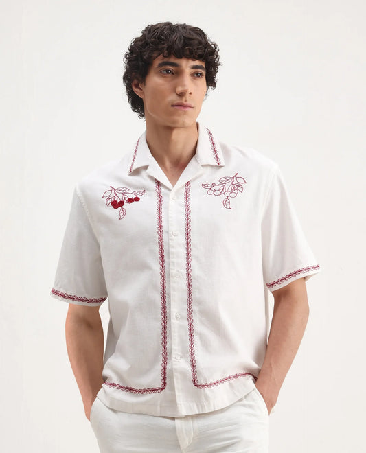 Rare Rabbit Men's Prunus Off White Cotton Embroidered Boxy Fit Half Sleeve Cuban Collar Shirt
