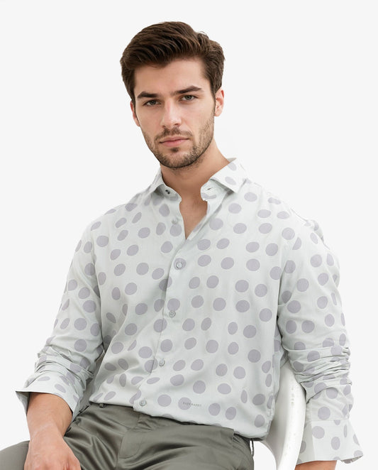 Rare Rabbit Men's Pucks Turq Viscose Polka Print Regular Fit Full Sleeve Collared Shirt