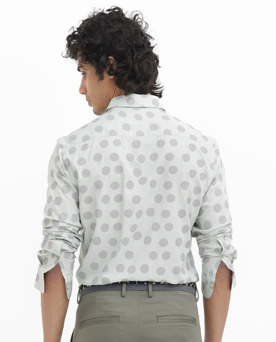 Rare Rabbit Men's Pucks Turq Viscose Polka Print Regular Fit Full Sleeve Collared Shirt