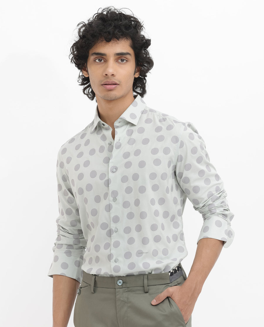 Rare Rabbit Men's Pucks Turq Viscose Polka Print Regular Fit Full Sleeve Collared Shirt