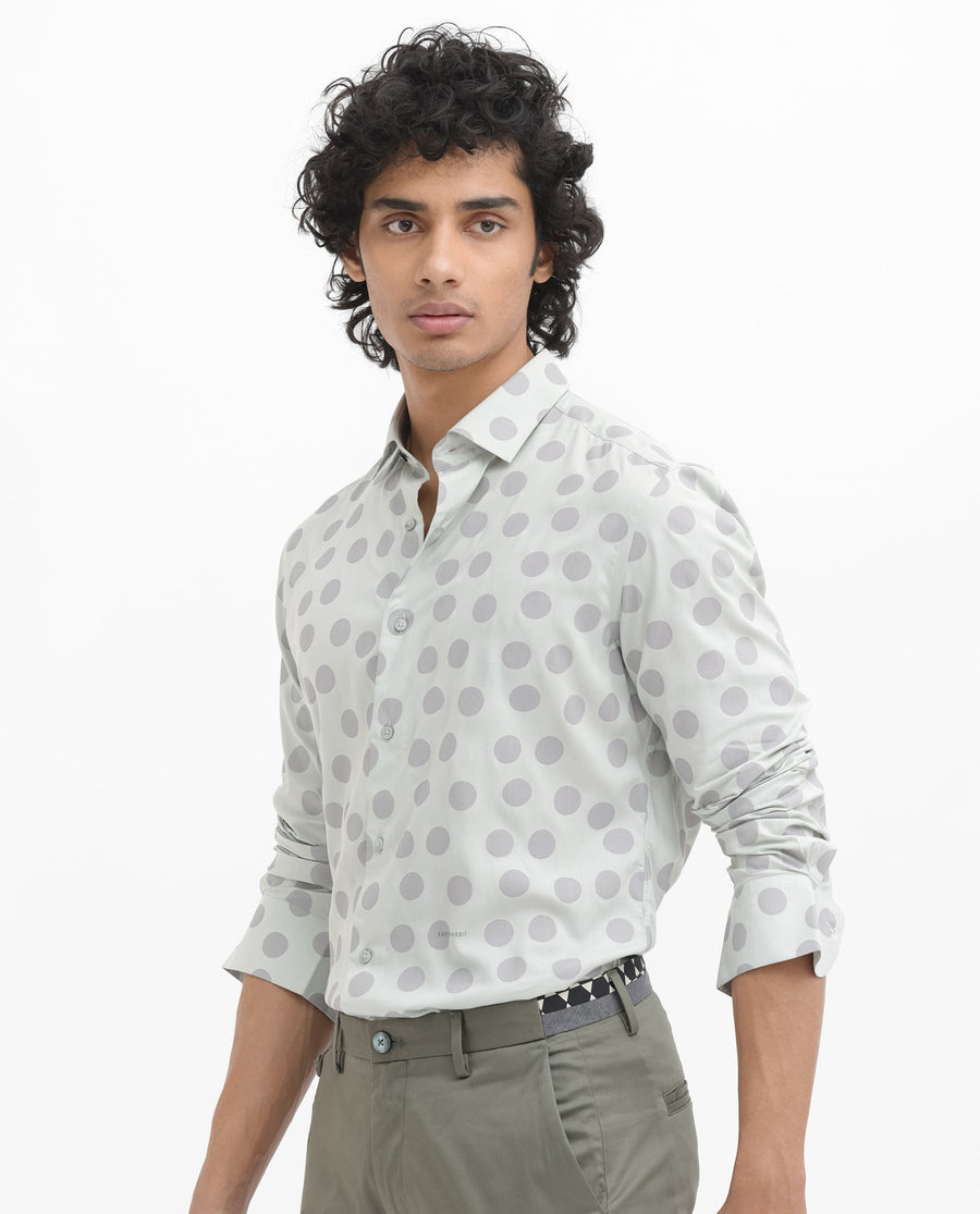 Rare Rabbit Men's Pucks Turq Viscose Polka Print Regular Fit Full Sleeve Collared Shirt