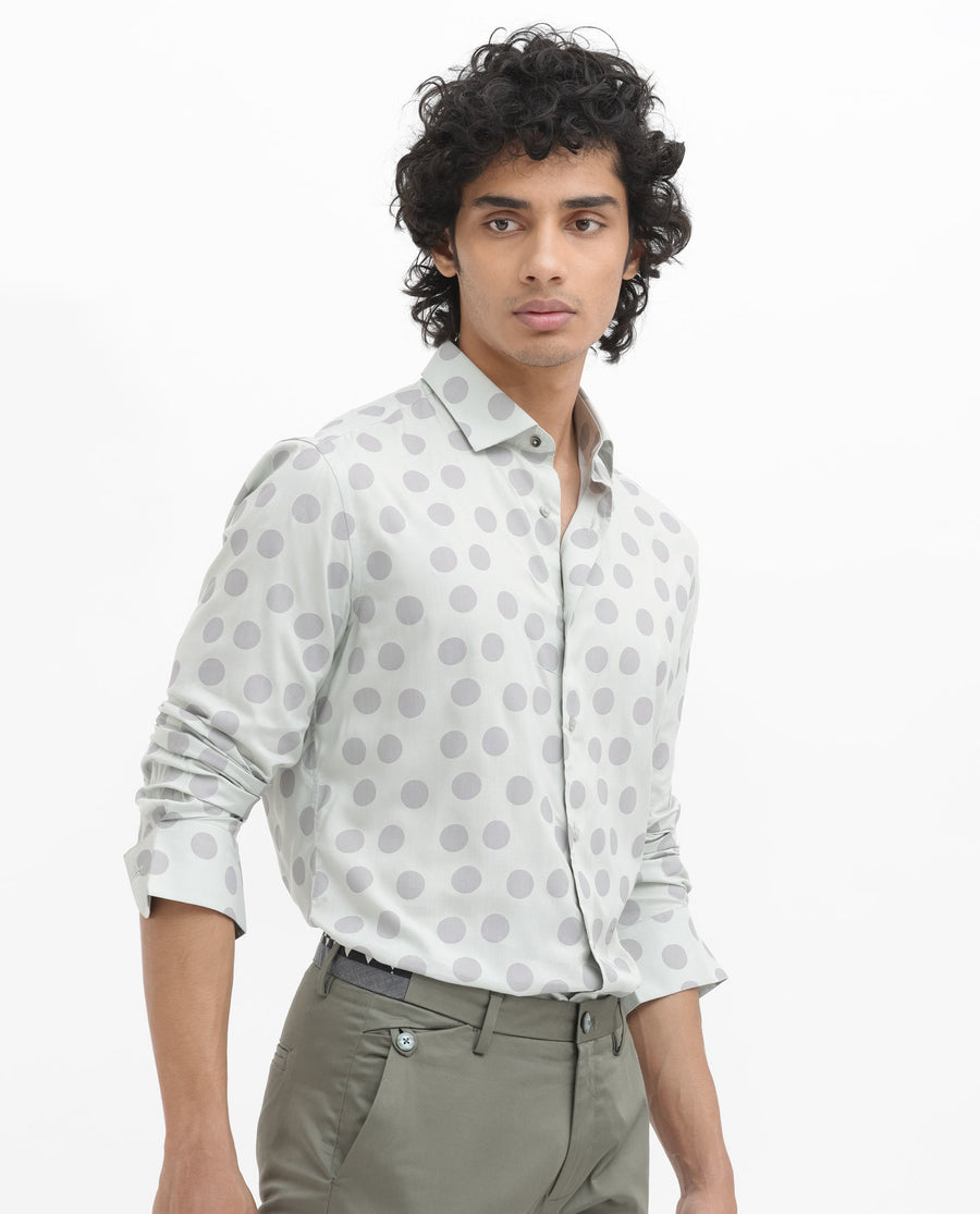 Rare Rabbit Men's Pucks Turq Viscose Polka Print Regular Fit Full Sleeve Collared Shirt