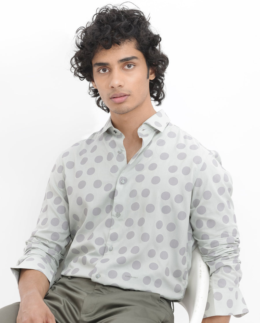 Rare Rabbit Men's Pucks Turq Viscose Polka Print Regular Fit Full Sleeve Collared Shirt