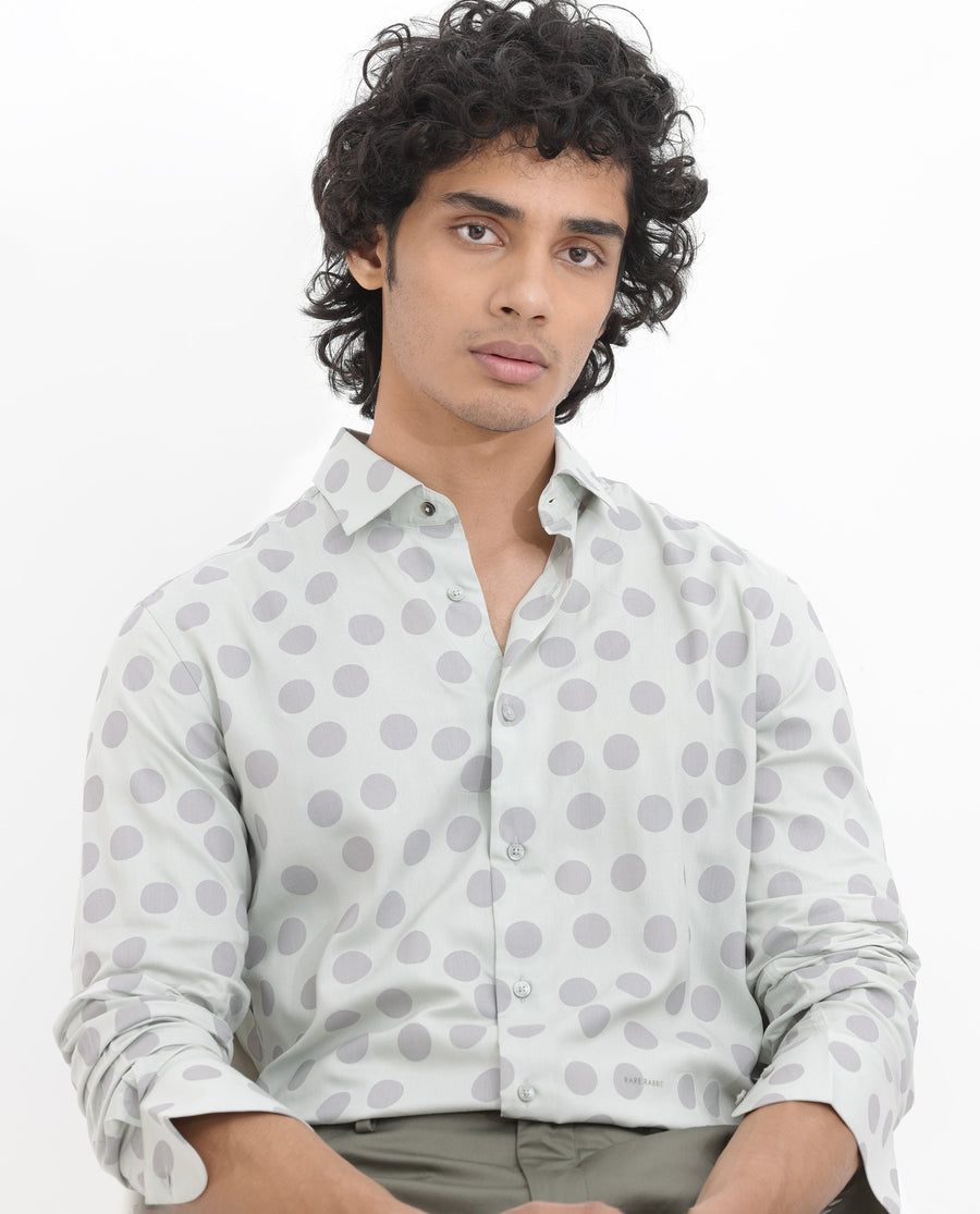 Rare Rabbit Men's Pucks Turq Viscose Polka Print Regular Fit Full Sleeve Collared Shirt