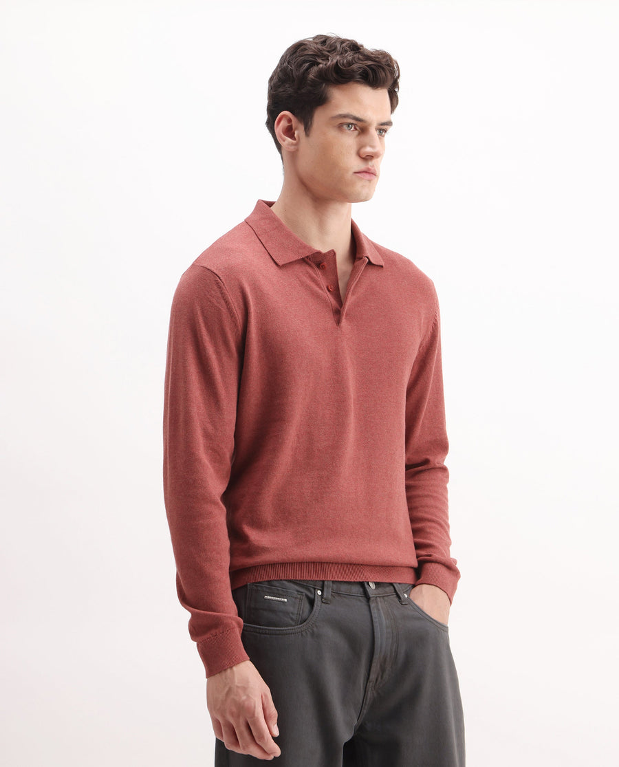 Rare Rabbit Men's Pyer-25 Rust Cotton Blend Fabric Collared Neck Regular Fit Plain Polo