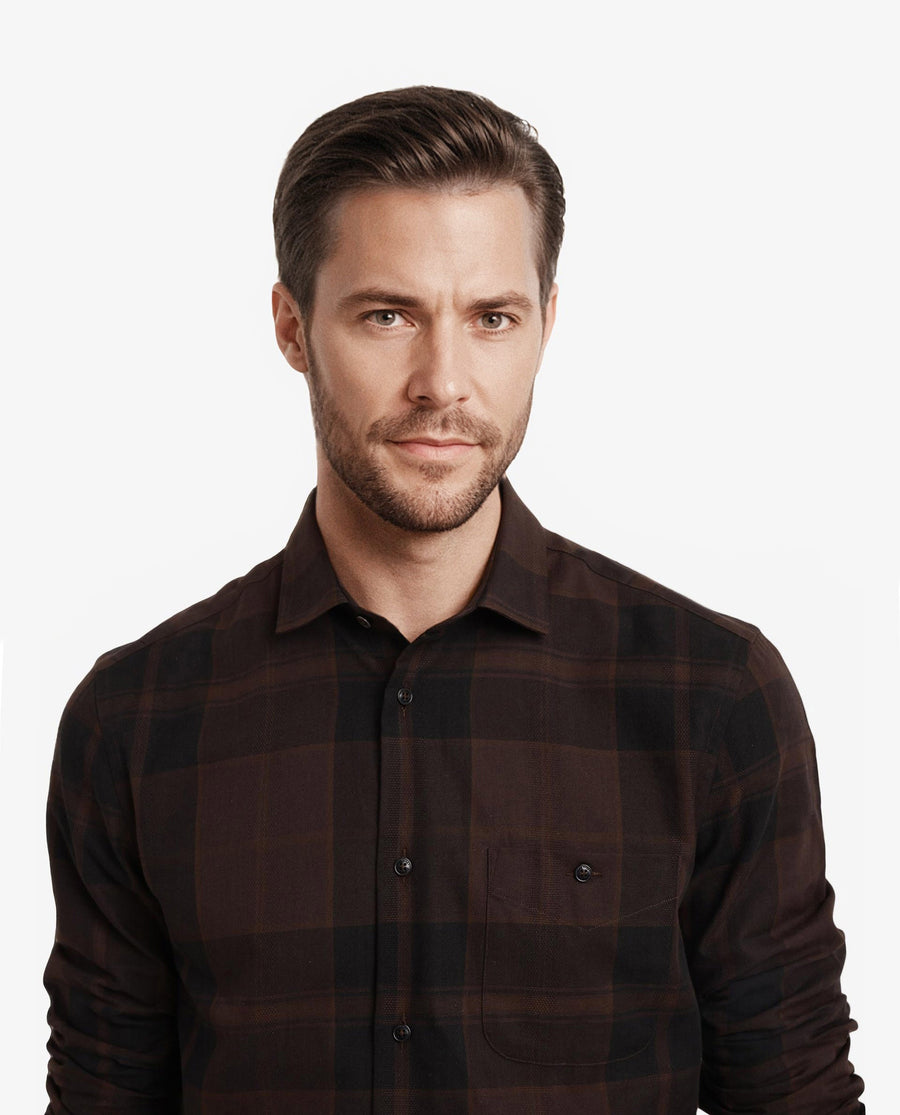 Rare Rabbit Men's Pyre Dark Brown Cotton Checked Print Regular Fit Full Sleeve Collared Shirt