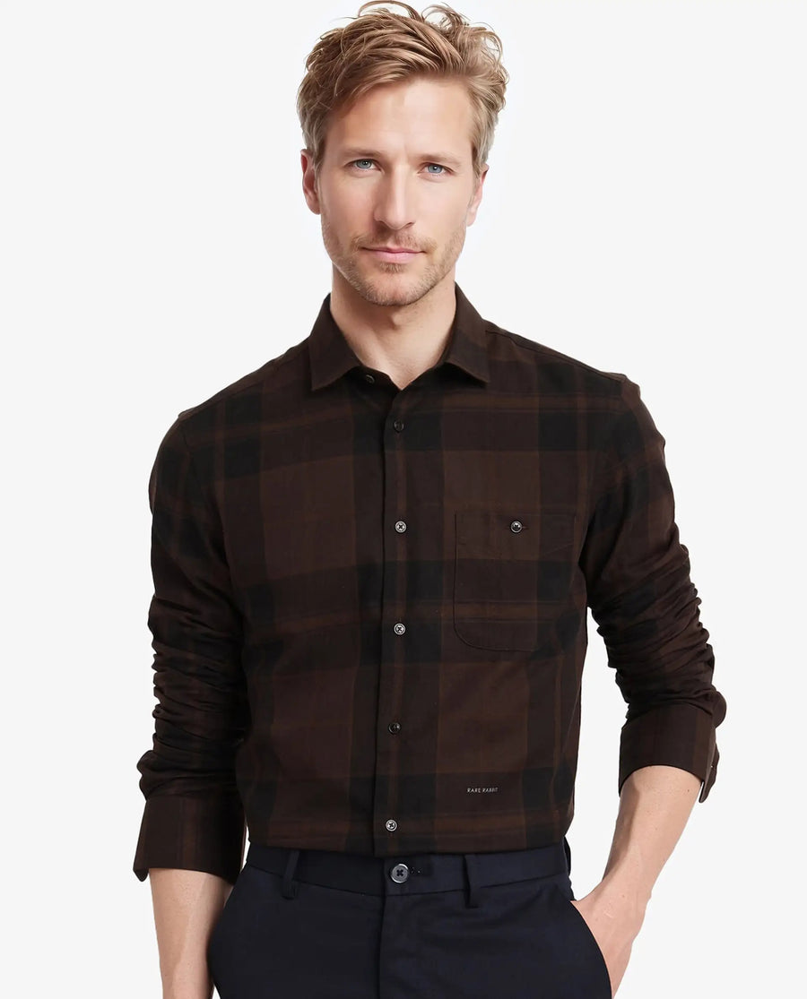 Rare Rabbit Men's Pyre Dark Brown Cotton Checked Print Regular Fit Full Sleeve Collared Shirt