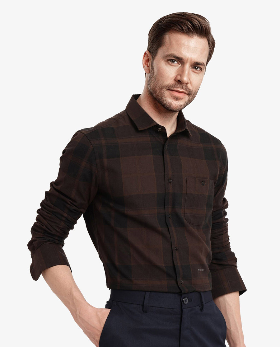 Rare Rabbit Men's Pyre Dark Brown Cotton Checked Print Regular Fit Full Sleeve Collared Shirt